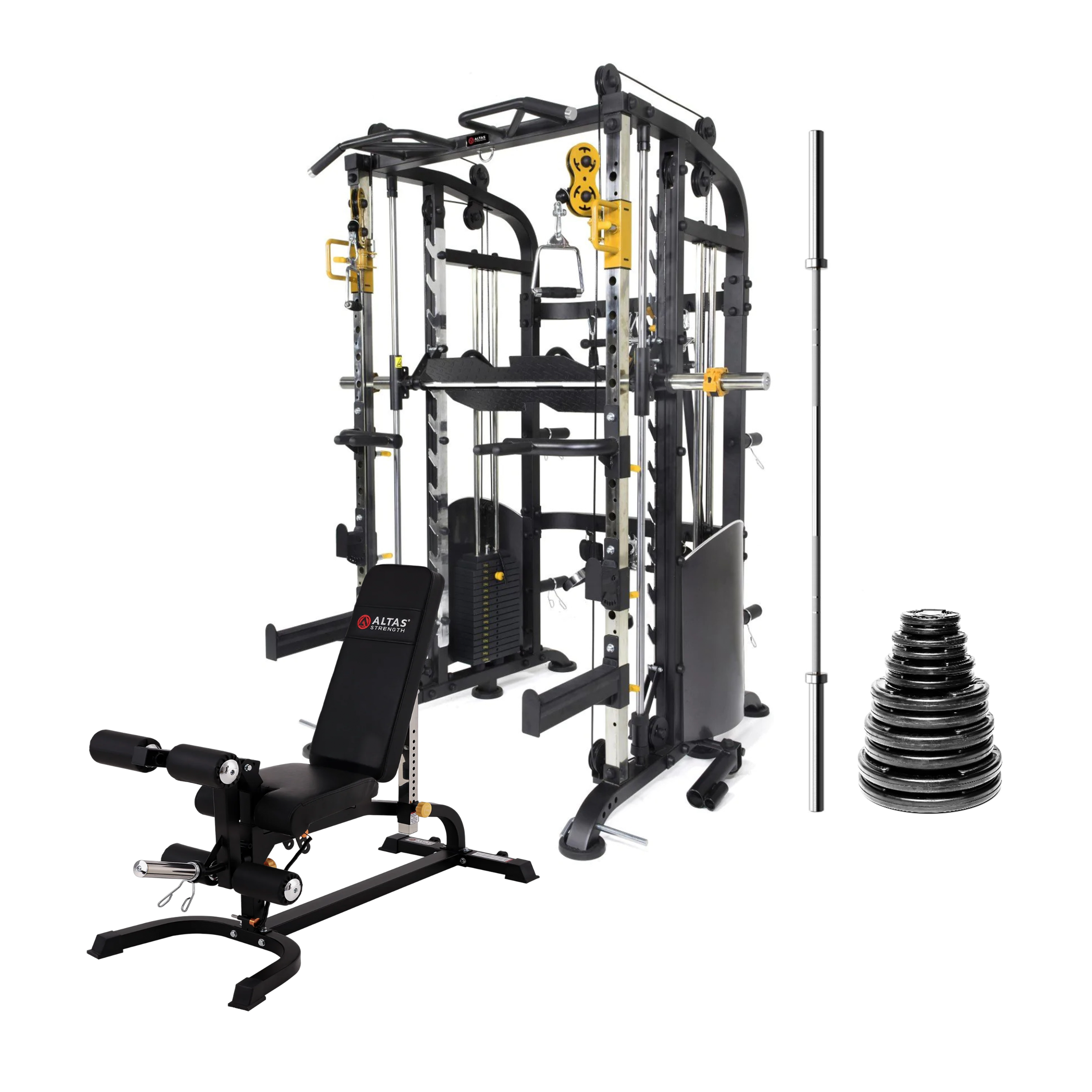 Altas Strength Functional Trainer M810 + 300 lb Plate and Barbell Set Garage Gains Trio