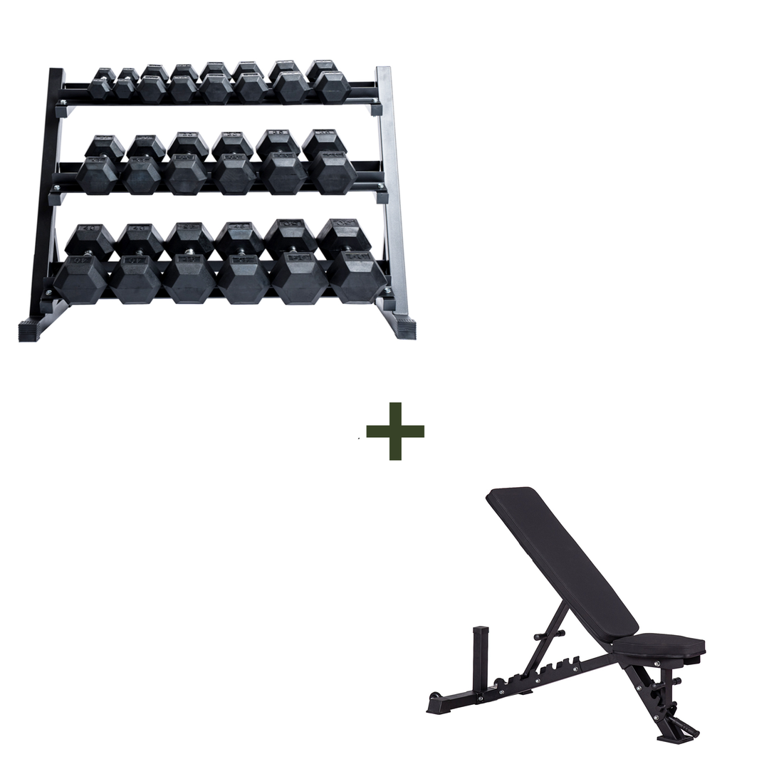 Orion Dumbbell Rubber Hex Dumbbell Set + Rack and Bench | 5-50lb